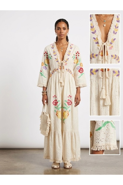 Kadın Çiçek Nakışlı Boho Uzun Elbise