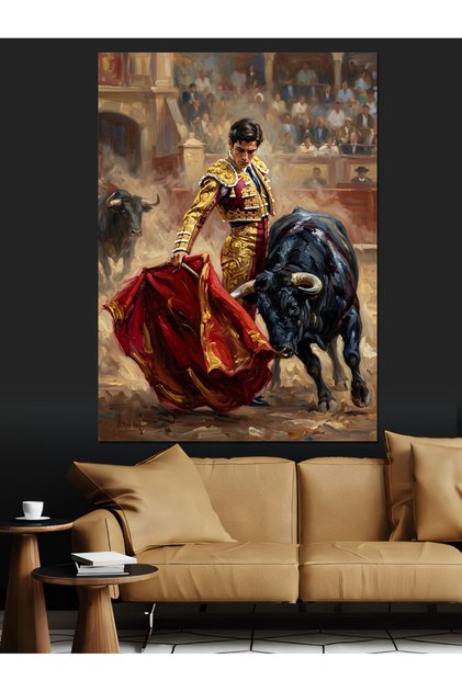 Figurină Matador care luptă cu taurul - Pânză decorativă - Masă din lemn MDF