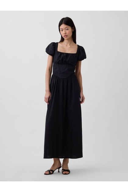 Kadın Siyah Keten Karışımı Drop-Waist Maxi Elbise