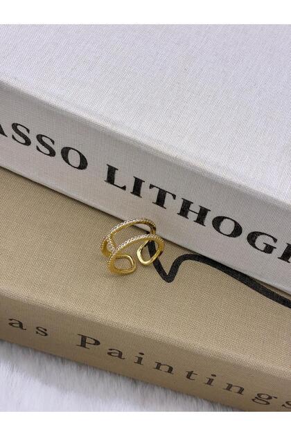 Gold Color Zircon Stone Double Row Adjustable Brass Ring with Detail on Top T2