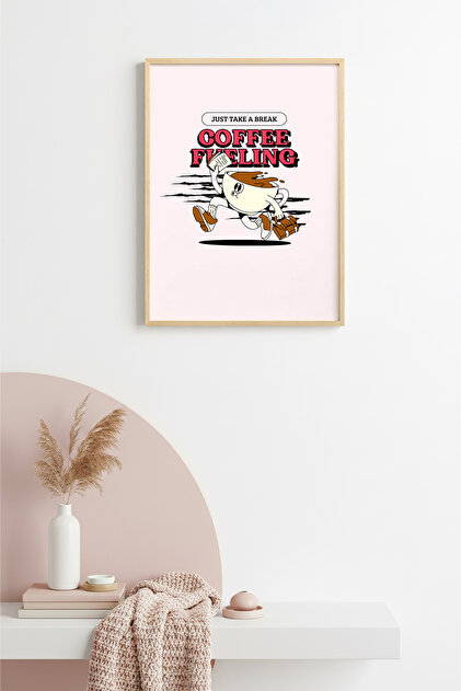 Natural Wood Framed Pop Art Coffee Themed Painting - Take a Break | Huhu2634 - Single Table Natural Wood Frame