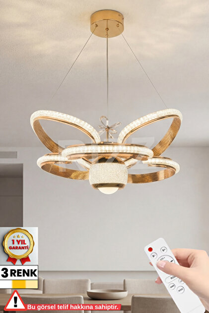 İthal Kasa 3 Renk Kumandalı Led Avize Kral Tacı Toplu Gold Kasa Ledli Salon & Oturma odası Avizesi