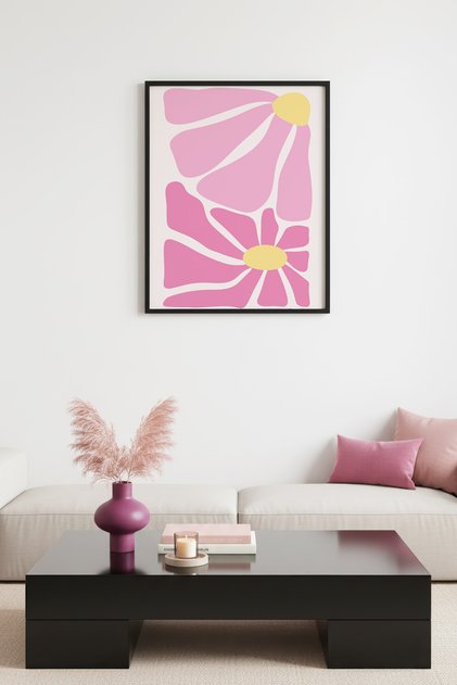Black Wooden Framed Retro Floral Painting - Pastel Pink Floral Pattern | Huhu2745 - Single Table Black Frame