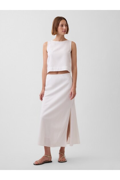 Kadın Beyaz Keten Karışımı Maxi Slip Etek