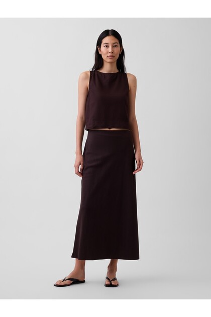 Kadın Kahverengi Keten Karışımı Maxi Slip Etek