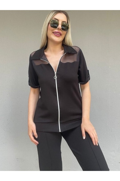 Lucky Life Women's Roba Top with Mesh Zipper Polo Collar Blouse and Pants Short Sleeve Bottom Top Two-Piece Set