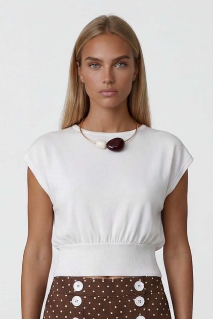 White Crew Neck Blouse with Corset Waist Alc-X15474