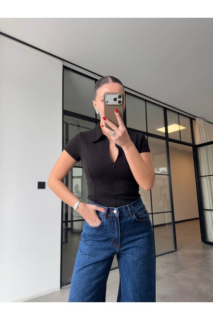 Tricou cu guler polo și fermoar, negru