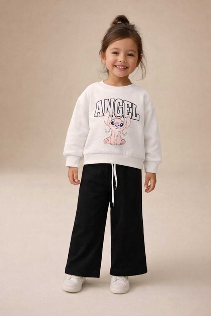 Kız Çocuk Angel Baskılı Sweatshirt Pantolon Takım Rahat Kalıp
