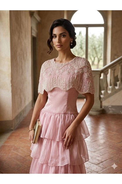 High-End Crinkle Fabric Layered Tulle Evening Dress