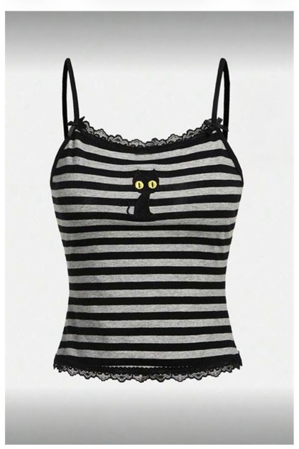 Black and Gray Striped Black Cat Detailed Lace Collar Bow Strap Blouse