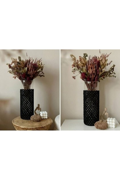 Vază decorativă din sticlă cu macrame lucrat manual, stil boho-chic, decor interior casă