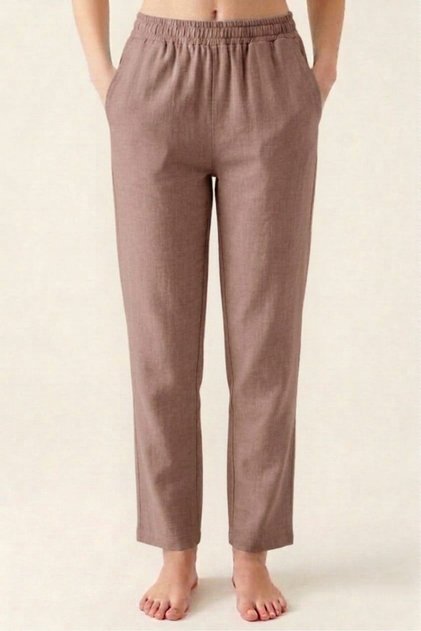 Brown 100% Cotton Muslin Fabric Women's Trousers with Elastic Waist - Women's Hajj Umrah Trousers