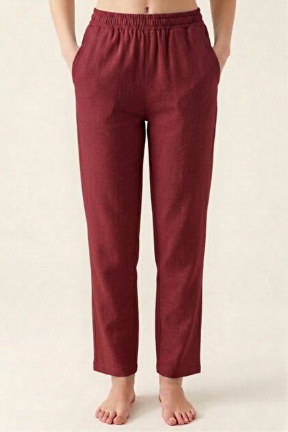 Burgundy 100% Cotton Muslin Fabric Women's Trousers with Elastic Waist - Women's Hajj Umrah Trousers