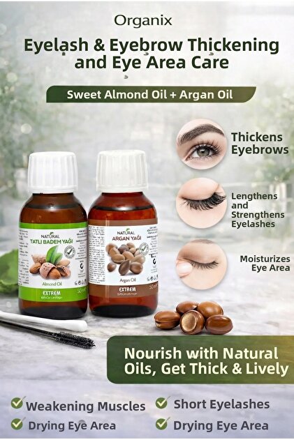 Eyelash and Eyebrow Strengthening Eye Care Set Sweet Almond Argan Oil 100% Natural 2X50 ml