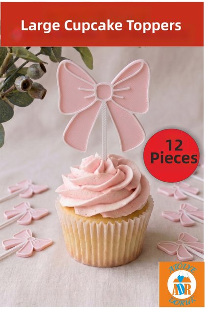 Pink-White Ribbon Bow Cupcake Toothpick - Baby Girl Birthday, Babyshower, Party Cake Decoration