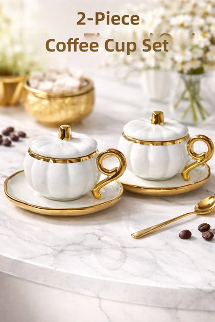 2-Person White Pumpkin Turkish Coffee Cup Set with 4 Pieces in Gift Box