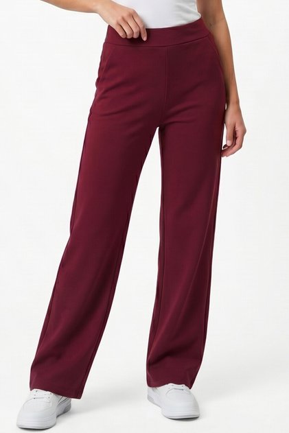 High Waist Palazzo Trousers with Lycra Pockets, Straight Cut Wide Leg - Burgundy