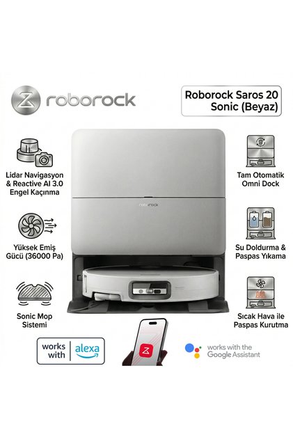 Saros 20 Sonic Beyaz Robot Süpürge - 10.000 Pa Emiş, Sonic Mopping, Akıllı Engel Tanıma