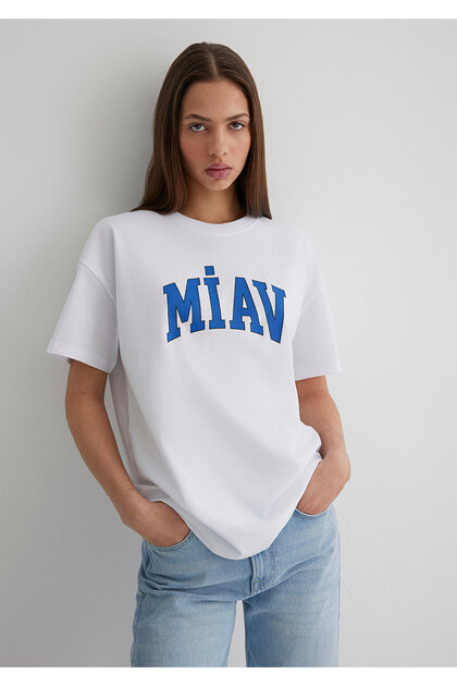 Mavi Miav Baskılı Beyaz Tişört Loose Fit / Bol Rahat Kesim 1612457