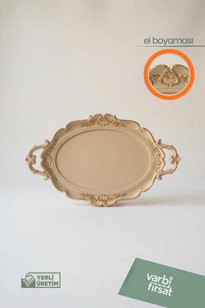 Oval Beige Gold Detailed Large Serving Tray 48X28 cm |   Stylish Presentation Tray