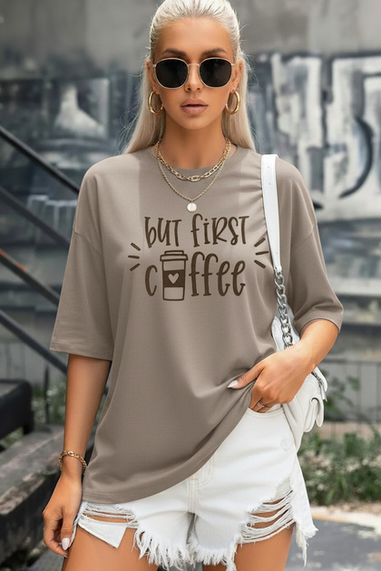 Γυναικείο μπλουζάκι όμως First Coffee Camel Oversize Salas Boyfriend