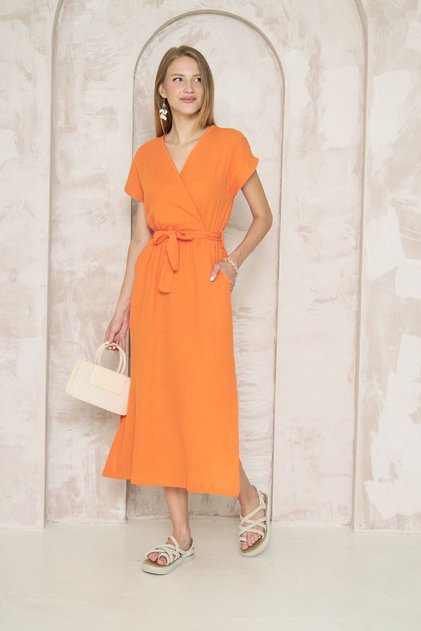 Women's 100% Cotton Muslin Orange Slit Double-Breasted Loose Long Casual Dress with Belt at the Waist 3612451
