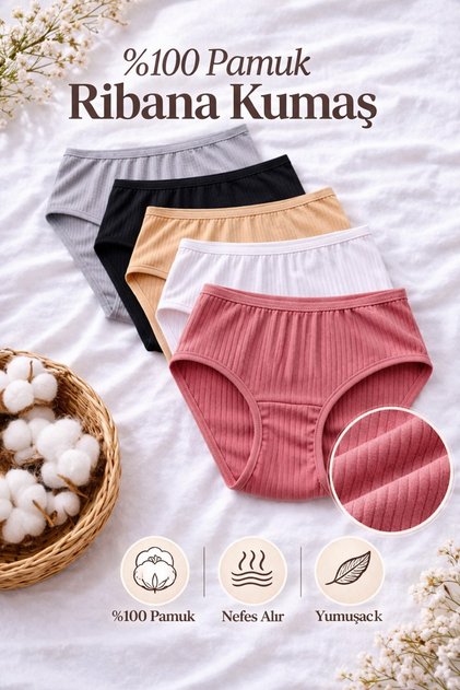 5-Pack Mixed Color Women's Ribbed Cotton Bato Panties, Women's 100% Cotton Bato Panties