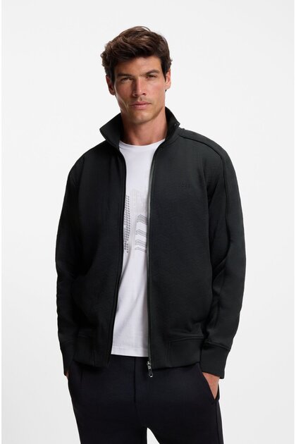 Erkek Kapitone Jakarlı Normal Kesim Logo İşlemeli Fermuarlı Uzun Kollu Siyah Sweatshirt
