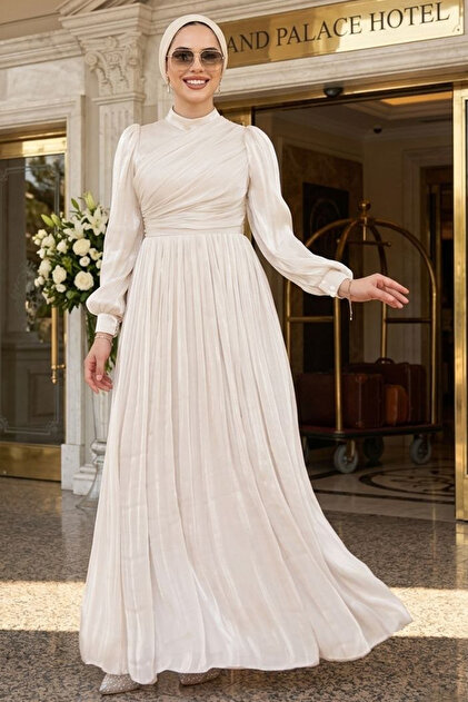 N.S NEVA STYLE Drape Detailed Cream Hijab Evening Dress 44081Kr- Trendyol