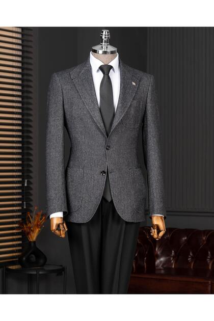 Σετ κοστουμιού ιταλικού στυλ slim fit από μάλλινο μείγμα με παντελόνι σε μαύρο χρώμα T14679