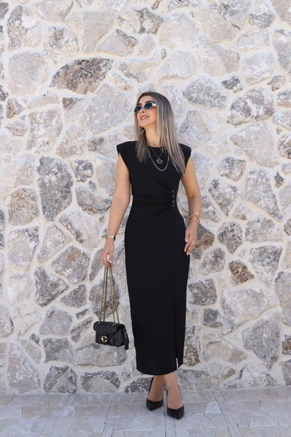 Black Zero Sleeve Dress with Side Buttons