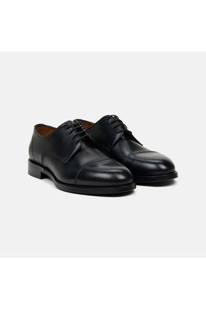 Men's Black Classic Leather Shoes with Lace-Up Stitching Detail