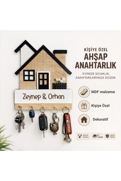 Kişiye Özel Ev Şeklinde Duvar Anahtarlığı – İsim ve Tarih Kazımalı Anahtar Askılığı