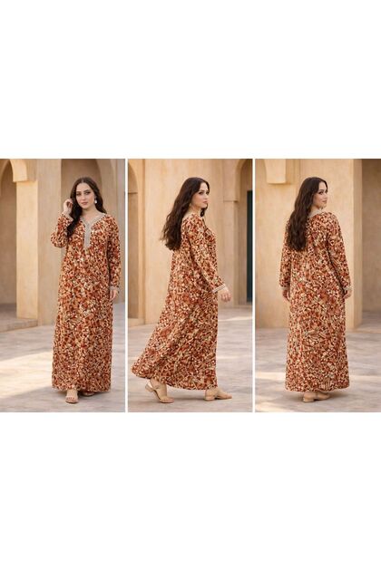Ladies Rayon Jalabiya Dress- Printed Maxi Dresses with Full Sleeves and Patch Work on Neck.