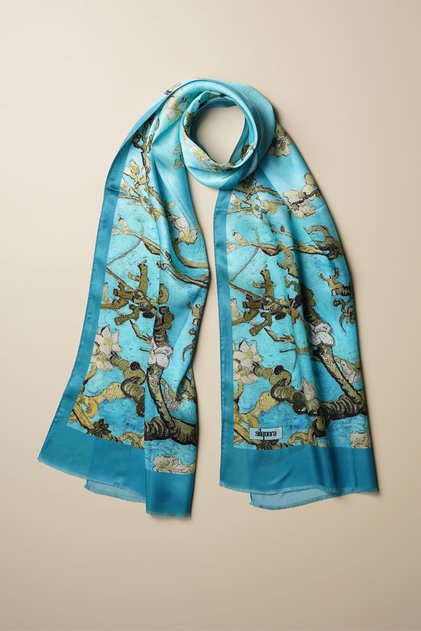 100% Silk Shawl Scarf (45X165 cm) - Vincent Van Gogh (Almond Tree Water Green)