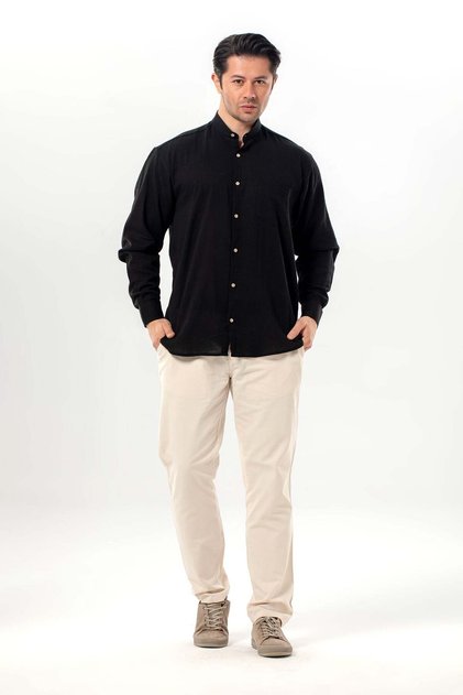 Long Sleeve Şile Fabric Judge Collar Single Pocket Men's Summer Shirt Black 3003