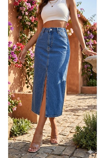 Kadın Denim Esnek Kumaş Yırtmaçlı Uzun Etek