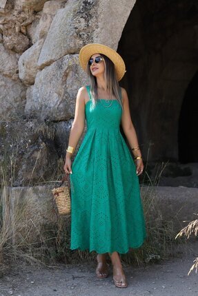 bytugcekaya V-Neck Green Midi Chiffon Dress - Marbled Pattern- Trendyol