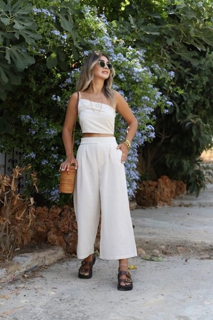 Beige One-Shoulder Trouser Suit