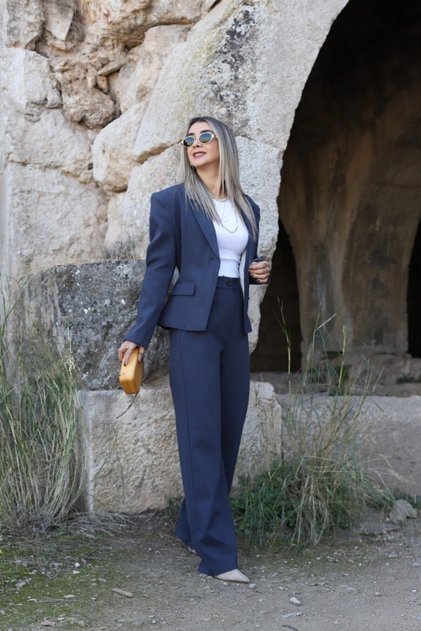 Palazzo cu detaliu cu talie înaltă nasturi albastru bleumarin