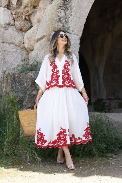 Red Embroidery Detail Skirt Blouse Set