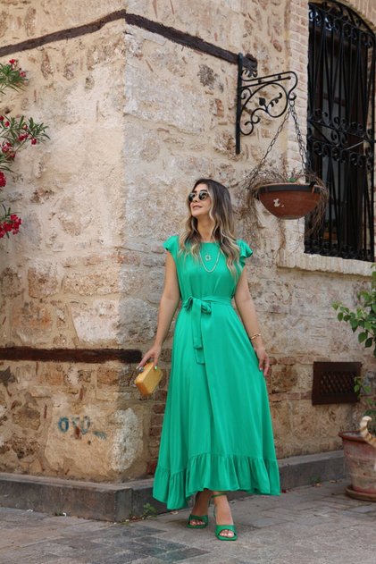 Green Ruffled Shoulder Flounce Dress