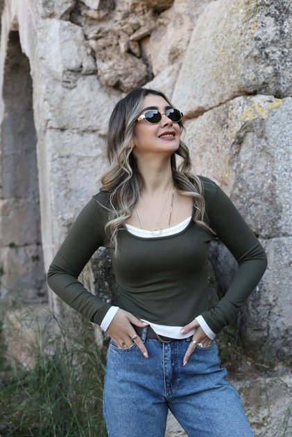 Khaki-Ecru Square Collar Bodysuit