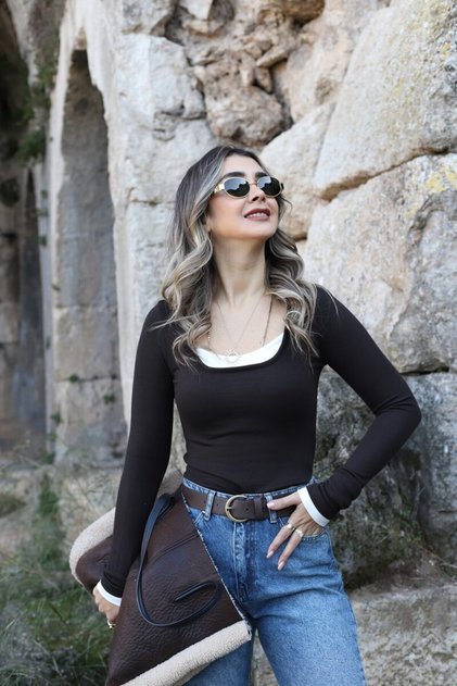 Brown-Ecru Square Collar Bodysuit