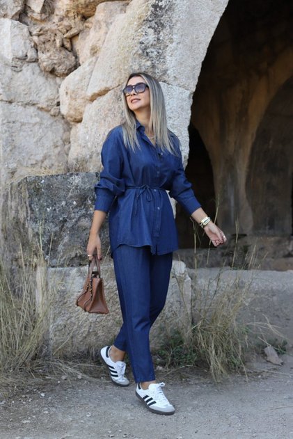 Blue Jeans Shirt Set with Carrot Cut Trousers