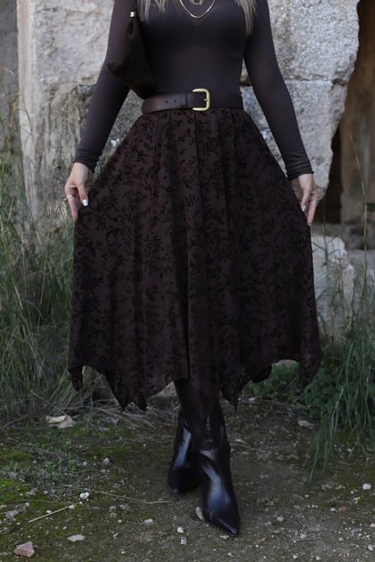 Coffee velvet embroidered chiffon skirt