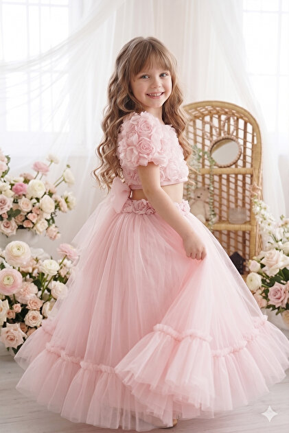 ALYRA Girl's Princess Dress with Roses and Layers of Tulle, Special Occasion Dress, Ages 2-6, Pink/Powder/Cream