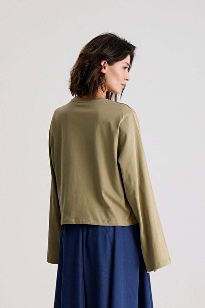 minaaise Kadın Haki Geniş Kol Oversize Baskılı t-shirt 31100
