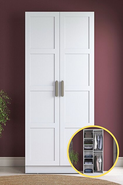 Rani BA221 Membran Kapaklı Gardırop 6 Raflı 2 Kapaklı 2 Askılı Elbise Dolabı Beyaz